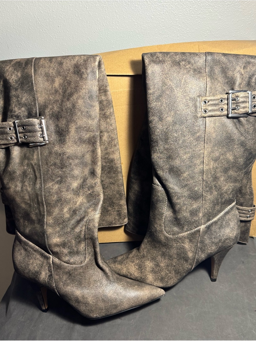 Steve Madden Over-the-Knee Pointed Toe Buckle Boots - Distressed Brown